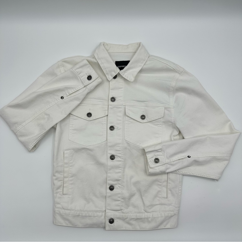 Express Mens XS Shirt Jacket White Shacket‎ Utility Full Button Minor Stains
